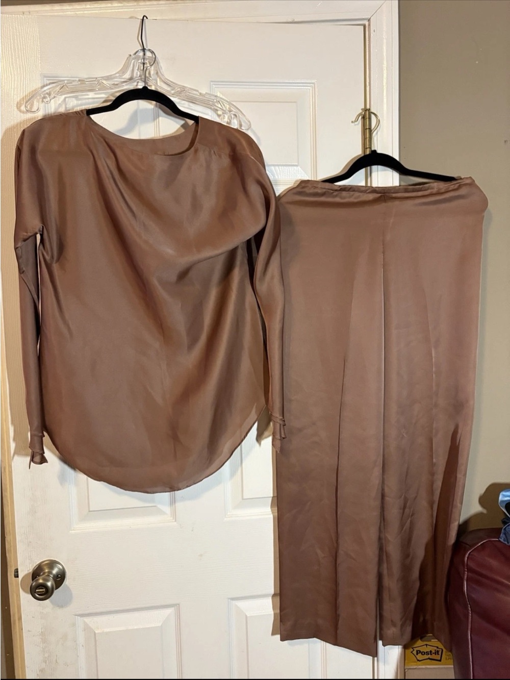 Halston Heritage Satin Maxi Skirt Set in Taupe Brown